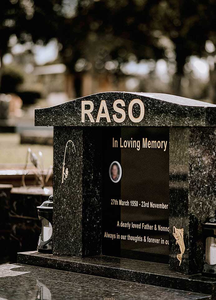 RASO gravestone with fishing pole and fish art design
